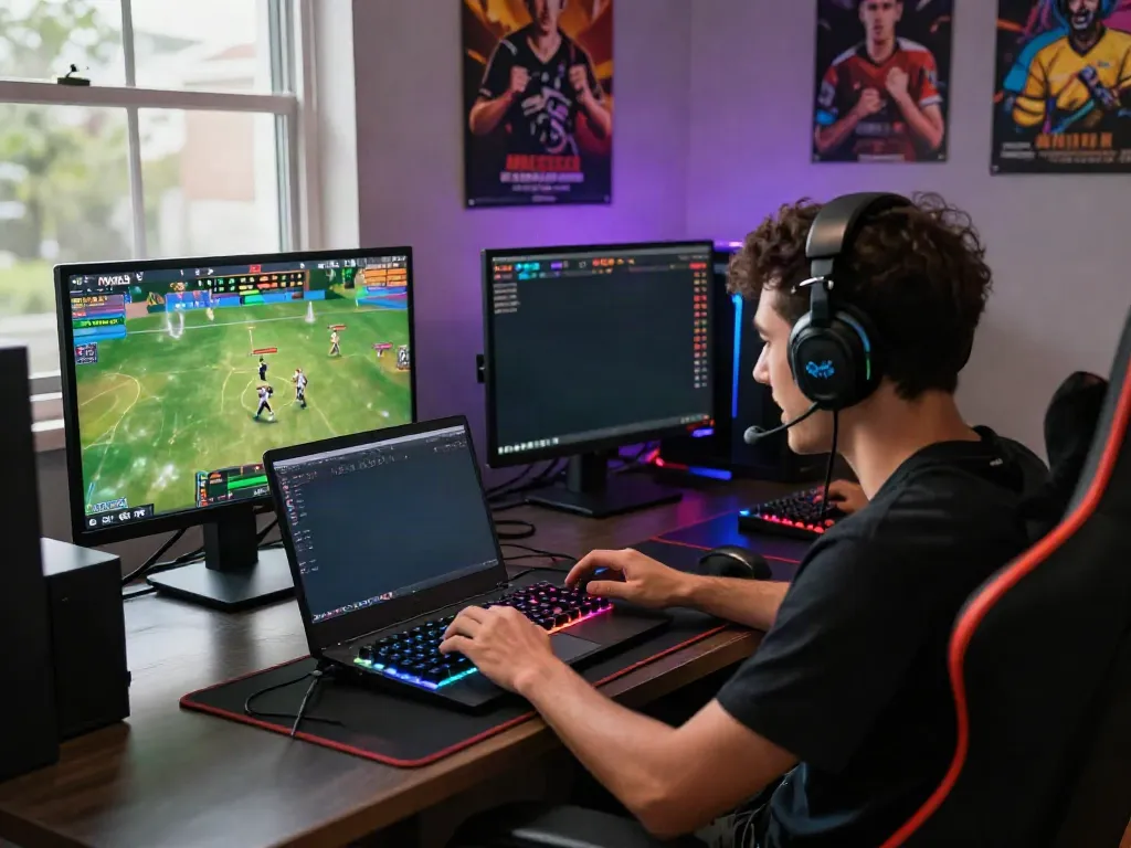 Player engaged in online gaming on FIVE88 platform, surrounded by vibrant gaming setup.