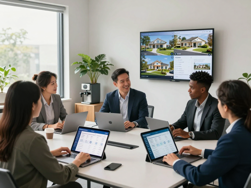 Real estate agents utilizing IDXSTAR technology in a modern office environment, showcasing property listings and market analytics for clients.