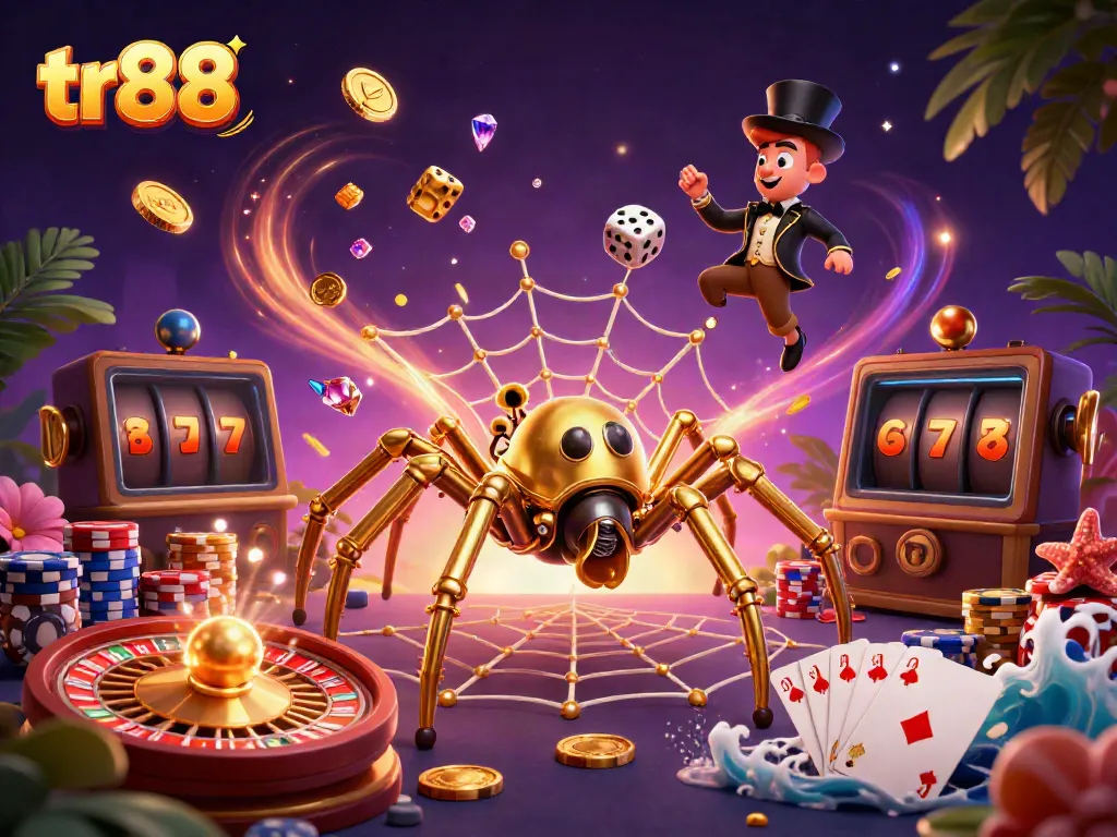 Spin the reels and win with tr88 in this vibrant casino-themed illustration.
