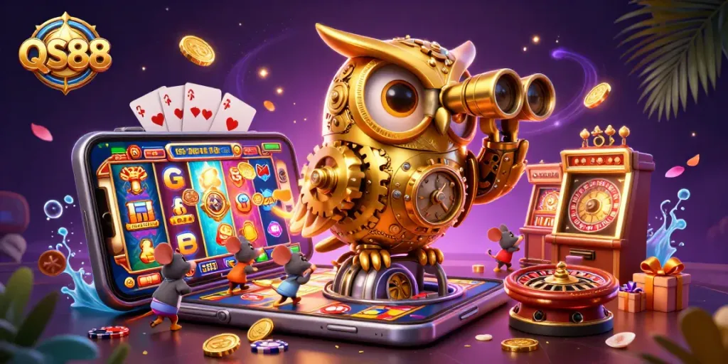 Experience QS88 with a vibrant 3D casino scene featuring a whimsical owl and lively mice among slot games.