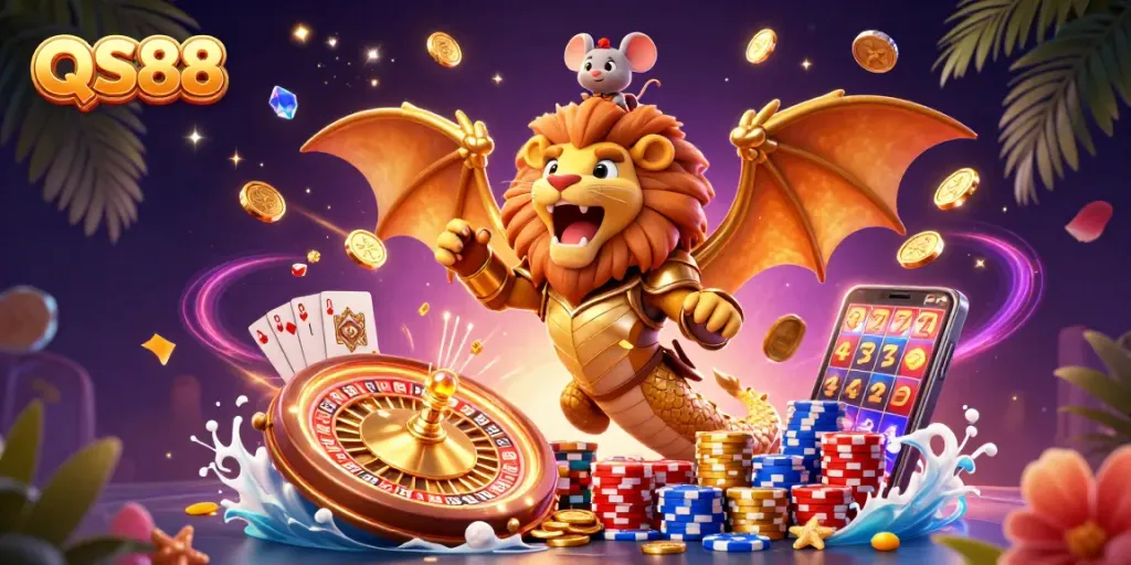 Experience the thrill of QS88 through a dynamic casino scene filled with golden treasures and exciting game elements.
