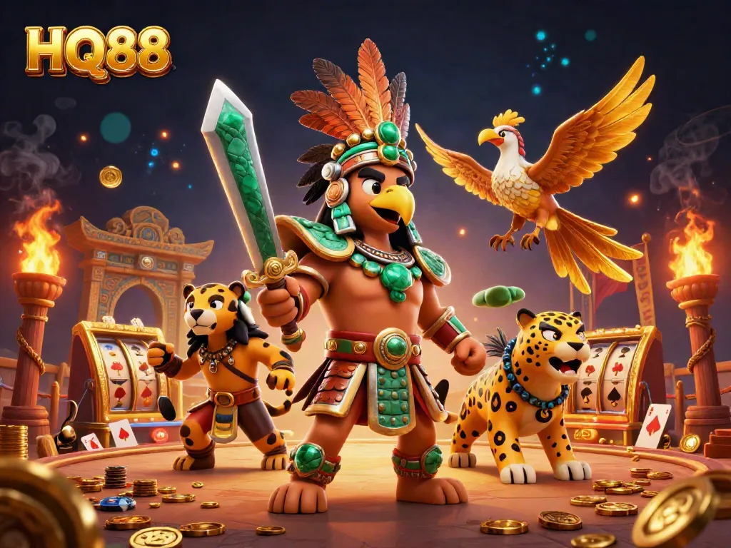 Experience thrilling action with HQ88's vibrant gaming scene featuring Aztec warriors and casino elements.