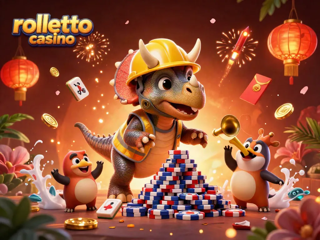 Join the rolletto casino adventure with a triceratops building poker chips while confetti and fireworks celebrate!