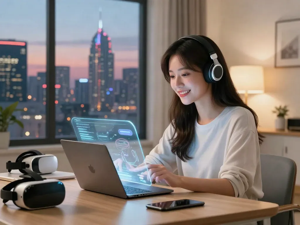 AI chat porn interaction with holographic character in a cozy virtual room.