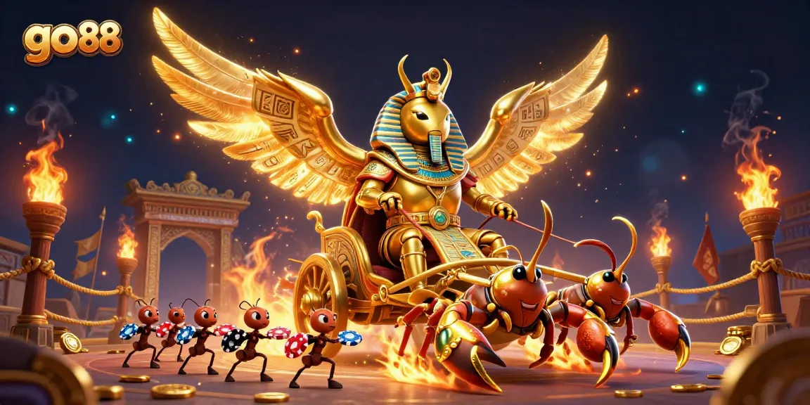 Join the excitement at go 88 with a vivid casino-themed battle scene featuring a golden scarab and scorpions.