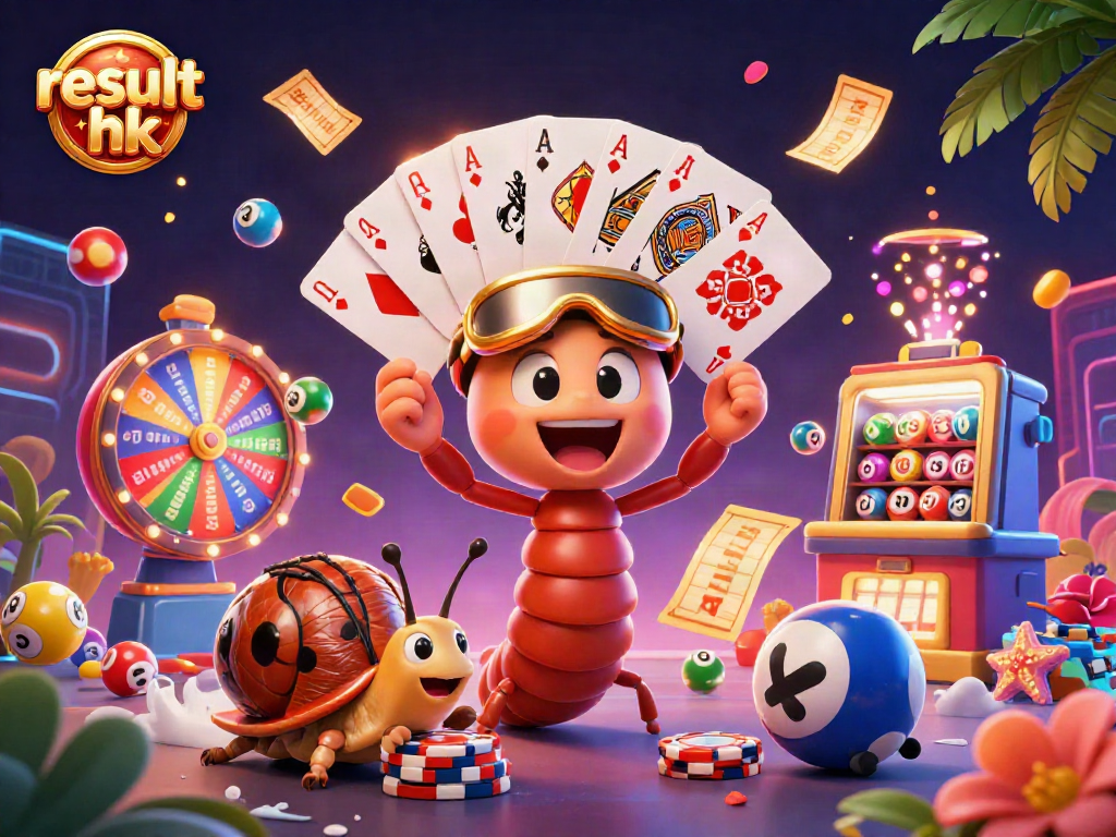 Join the excitement with result hk, featuring a 3D cartoon millipede dealer and vibrant lottery elements.