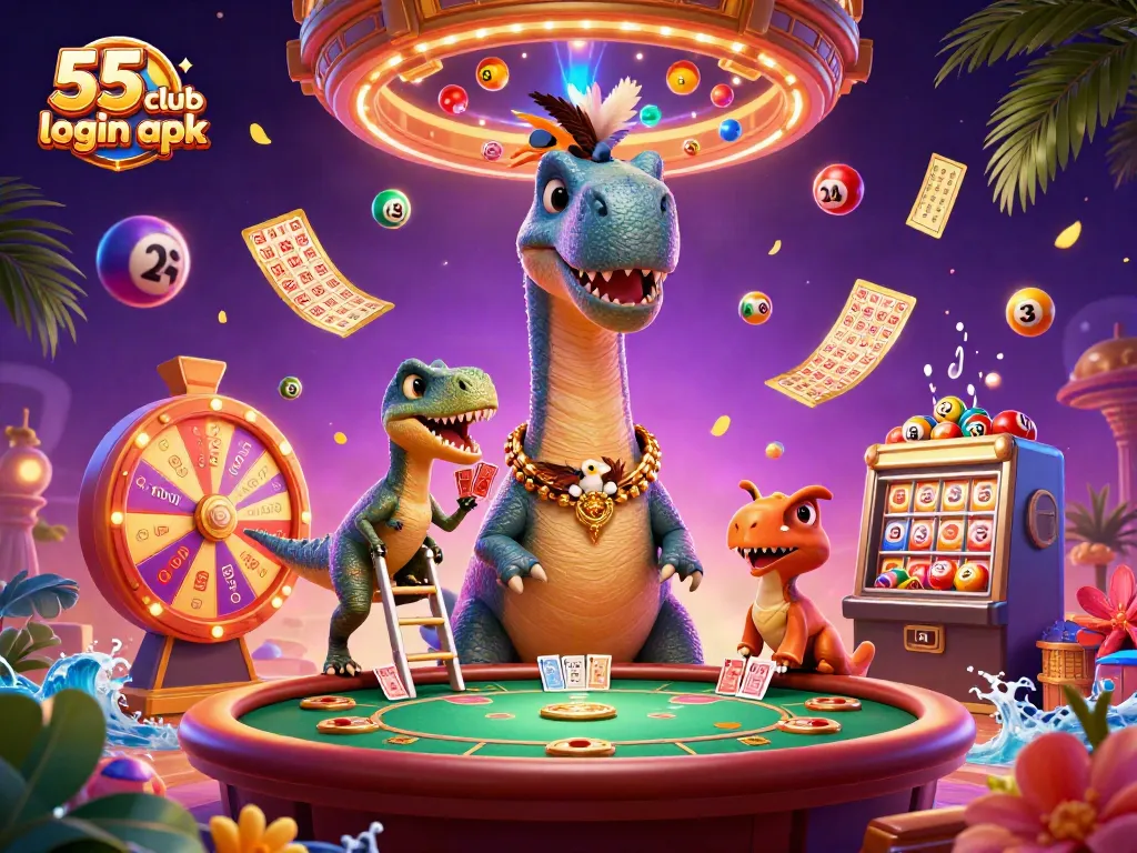 Join the fun with 55 club login apk, featuring a cartoon dinosaur in a vibrant casino scene filled with exciting game elements.