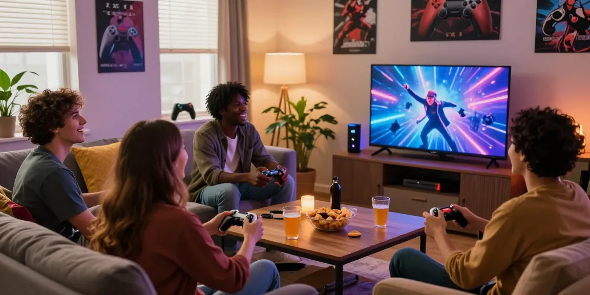 Friends enjoying xxx games together in a cozy living room.