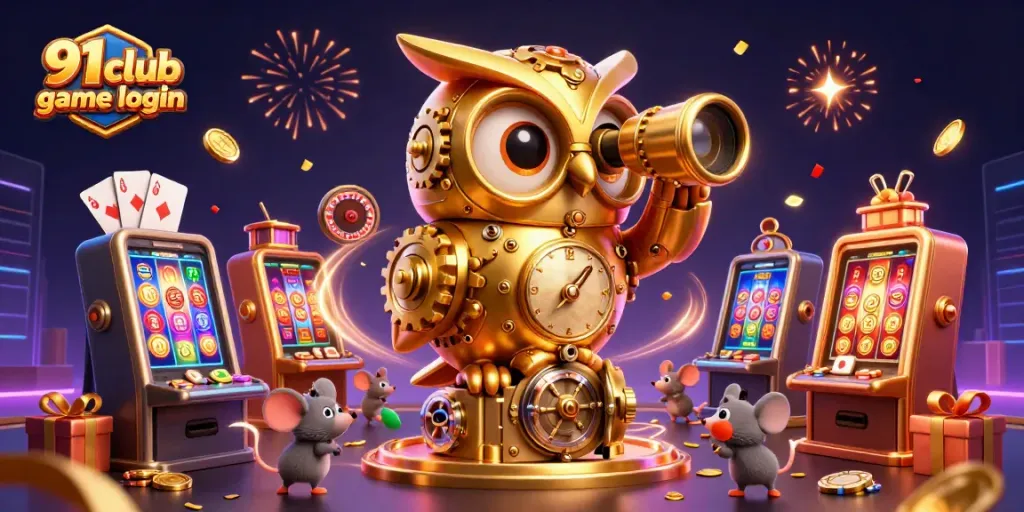 Engage with 91 club game login in a vibrant 3D casino scene, featuring a golden owl and lively characters.