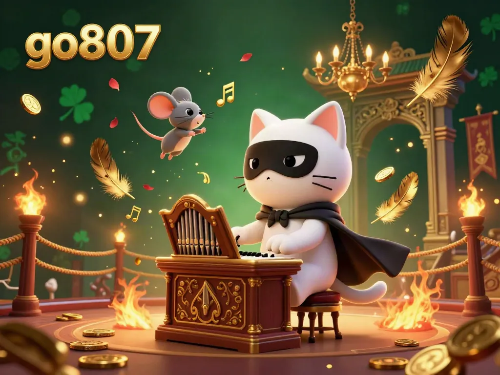 Engage with the lively go807 casino scene featuring a whimsical cat and acrobat amidst gold coins and musical notes.