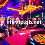 Engaging players at a poker table with the website rikvip.gb.net visible on a digital screen in a luxurious casino.