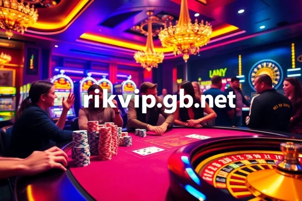Engaging players at a poker table with the website rikvip.gb.net visible on a digital screen in a luxurious casino.