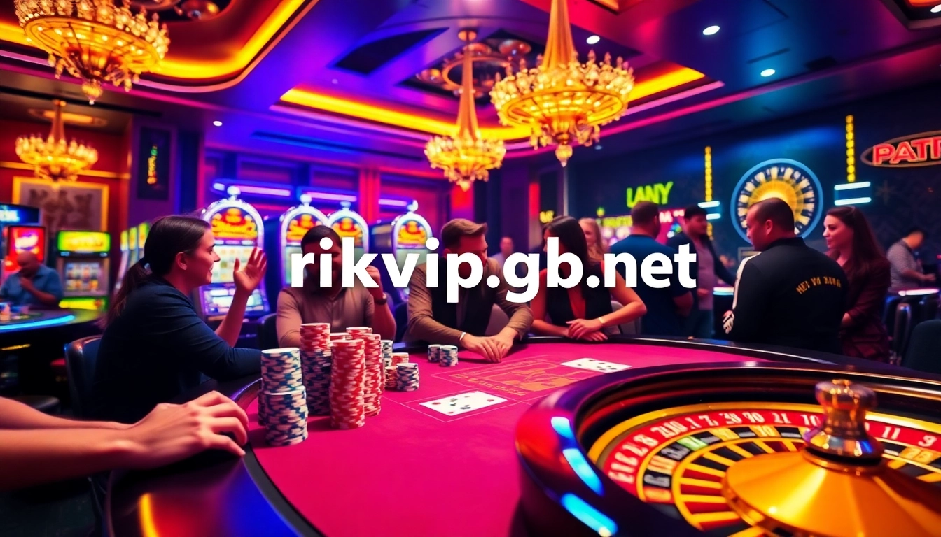 Engaging players at a poker table with the website rikvip.gb.net visible on a digital screen in a luxurious casino.