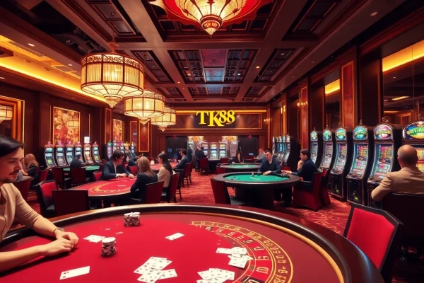 Players enjoying a winning game at TK88 Casino surrounded by vibrant slot machines and poker tables.