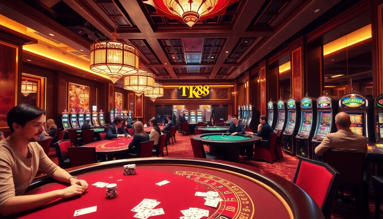 Players enjoying a winning game at TK88 Casino surrounded by vibrant slot machines and poker tables.