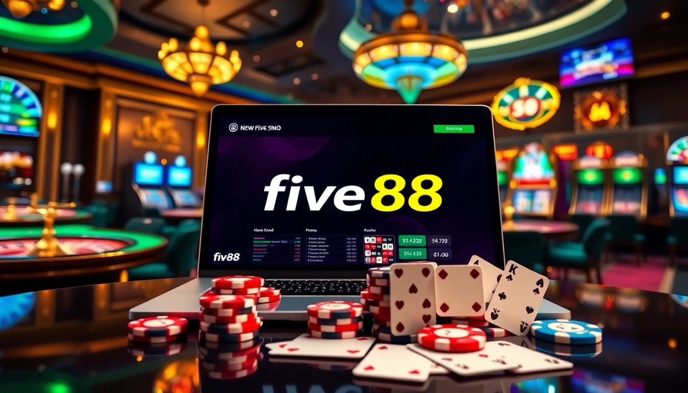 Experience the excitement of betting at the nhà cái five88 online casino with dynamic poker chips and cards.