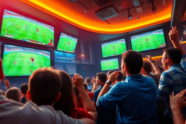 Fans enjoying live football matches at joemadfan.com in a vibrant sports bar atmosphere.