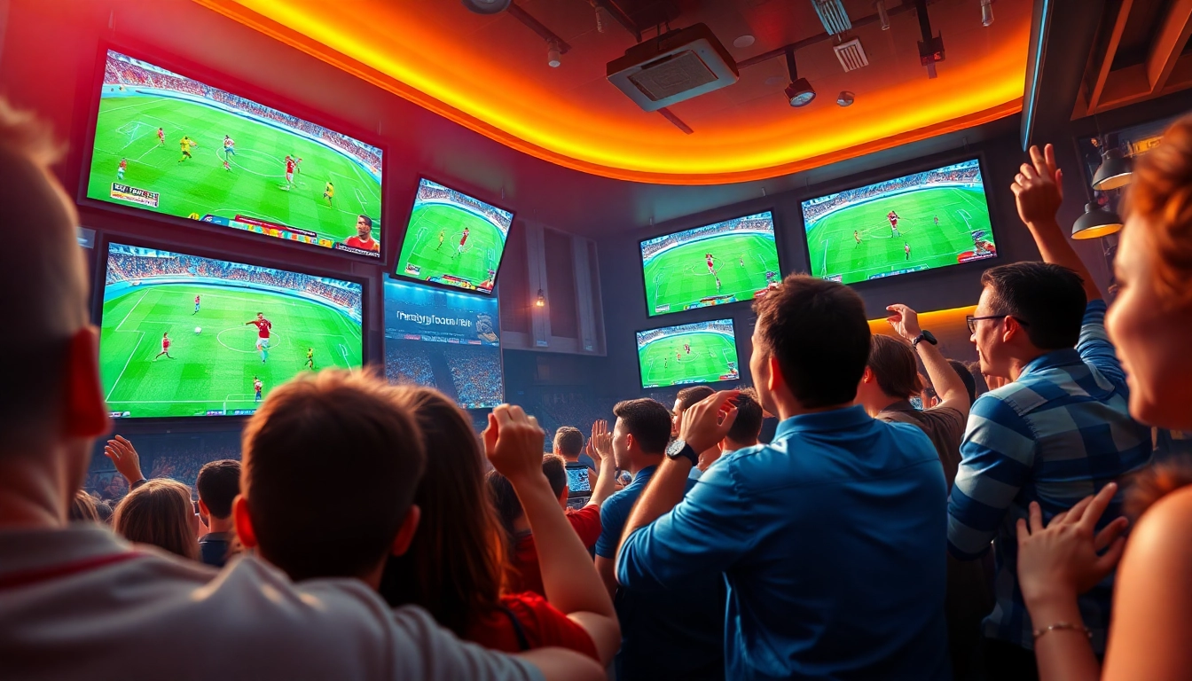 Fans enjoying live football matches at joemadfan.com in a vibrant sports bar atmosphere.