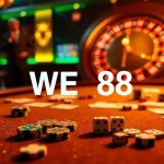 WE88 branded casino table filled with poker chips and cards, showcasing a vibrant gambling atmosphere.