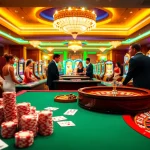 33Win casino players engaging at a lively table with poker chips and cards, showcasing excitement.