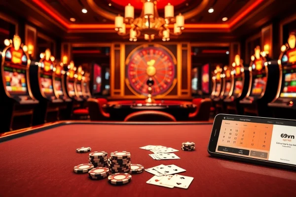 Experience luxury gaming at 69vn.gb.net featuring classy casino tables and vibrant slot machines.