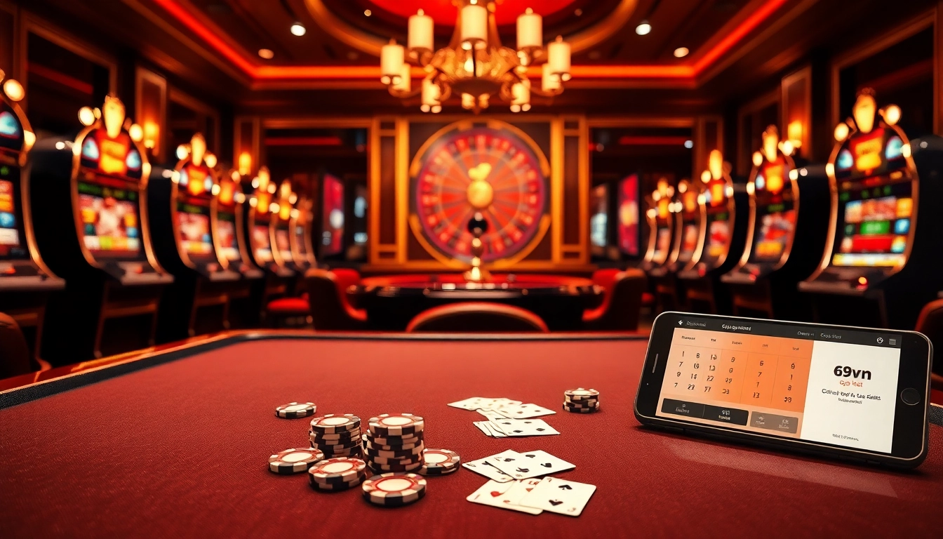 Experience luxury gaming at 69vn.gb.net featuring classy casino tables and vibrant slot machines.