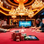 Engaged players at km1888b showcase an exciting poker game with vibrant chips and cards.