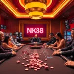 Winning big at NK88 casino with engaged players at a luxurious poker table.