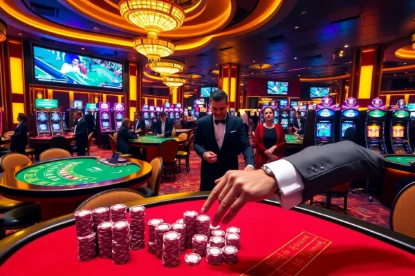 Engaging Fun88 casino scene with players enjoying blackjack and roulette at stylish tables.
