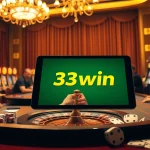 Experience the excitement of "33win đăng nhập" with vibrant casino elements including poker chips and roulette tables.
