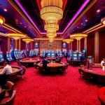 Engaging scene at Nhà cái Hm88 featuring players at poker tables and vibrant slot machines.