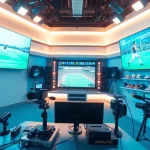 Engaging scene of Sports Broadcasting studio with vibrant screens and dynamic elements.