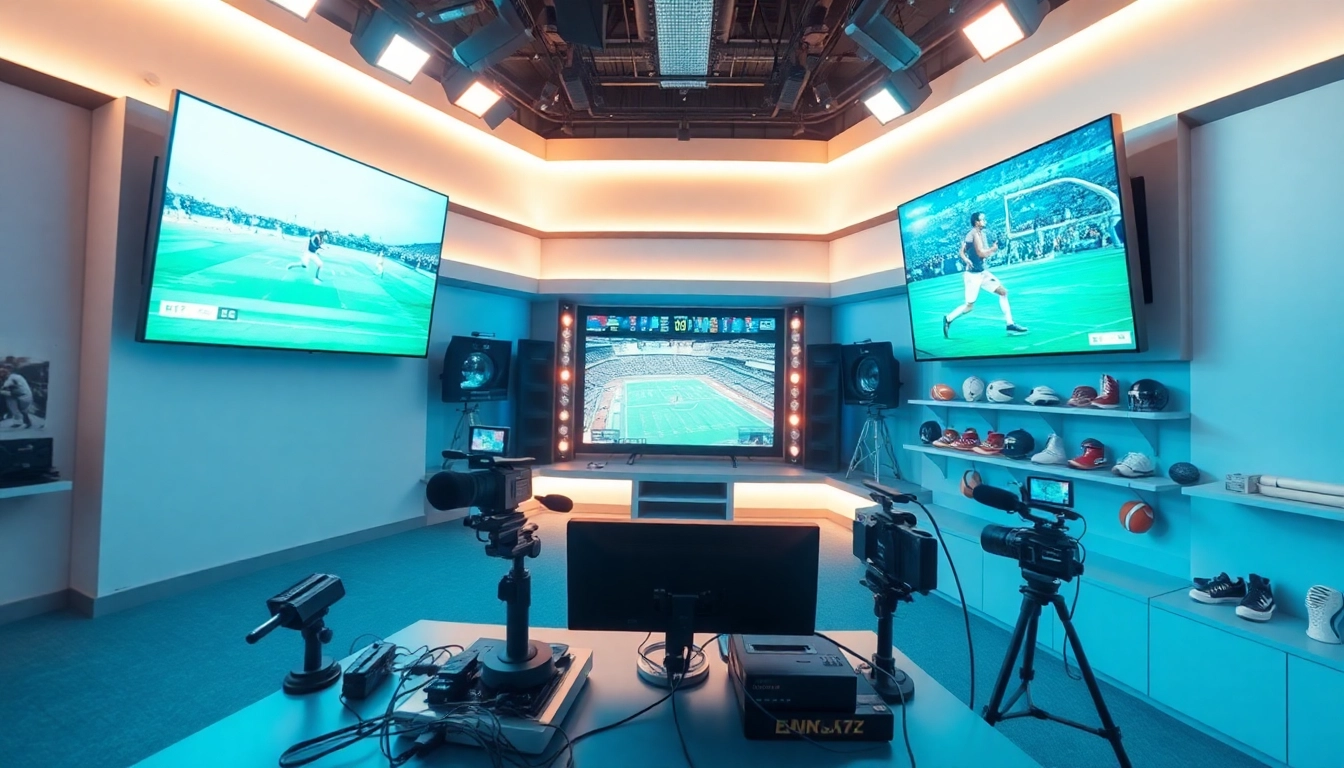 Engaging scene of Sports Broadcasting studio with vibrant screens and dynamic elements.