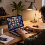Engaged player at https://98winn.net/ using laptop for online casino gaming.