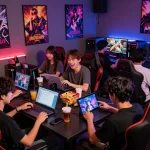 Group enjoying popular porn games in a vibrant gaming lounge with various devices.