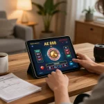 Engaging in online gambling with AE 888 on a tablet, comfortable home setting with strategic notes