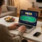 Player enjoying online gaming experience at NK88 with poker game displayed on laptop