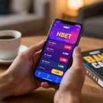 Hbet user placing bets online through mobile app in a cozy setting.