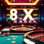 Exciting gambling scene with poker chips and a roulette wheel at 8XX casino
