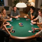 TG88 players enjoying a lively home poker night with colorful chips and warm lighting.