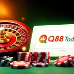 Experience the thrill of QQ88 Today with engaging online gambling visuals featuring a roulette wheel and poker chips.