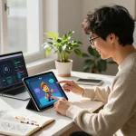 Person engaging with Crushon AI chatbot in modern home office, showcasing tech innovation.