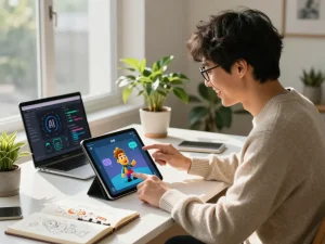 Person engaging with Crushon AI chatbot in modern home office, showcasing tech innovation.