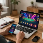 Person engaging with MM88 online casino on laptop and smartphone, showcasing Baccarat game interface and comfortable home setup.