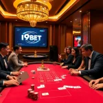 I9BET players engaging at a vibrant casino table with poker chips and cards
