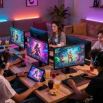 Engaged gamers playing sex games in a cozy lounge with bright screens.