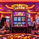 Lucky88 players enjoying a thrilling slot machine experience in a luxurious casino setting.