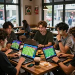Tỷ lệ kèo nhà cái displayed on screens in a bustling café, with friends engaging in sports betting.