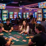Exciting gem88 online gaming experience in a vibrant casino environment with players at tables and slot machines.