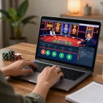Player enjoying online gambling on bl555 with engaging poker and slots interface in a cozy home setup